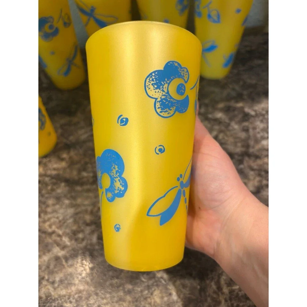 Thermo-serv USA vintage yellow blue dragonfly floral cup tumbler lot 20 oz mcm